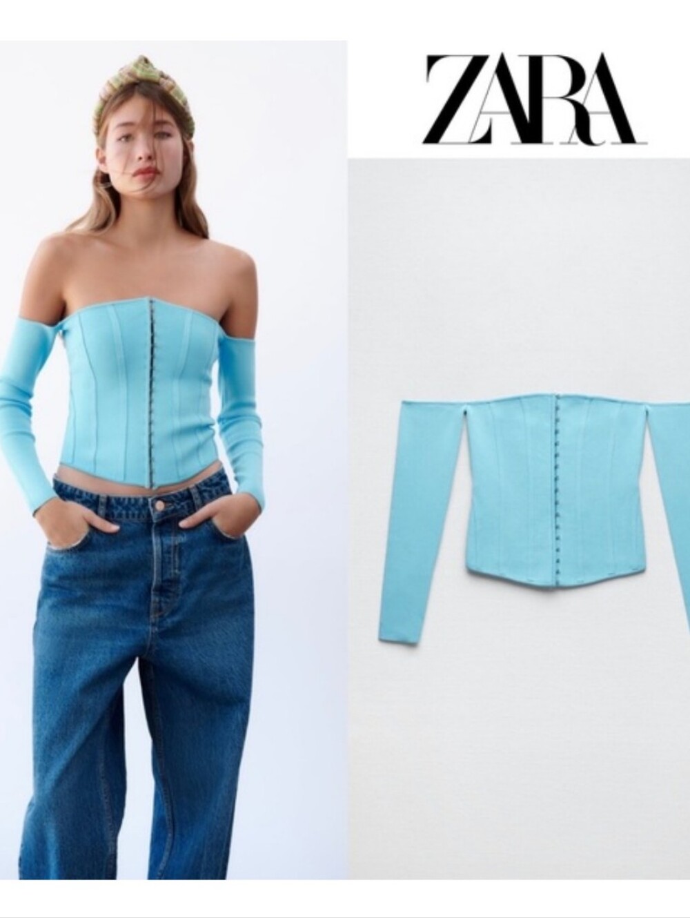 Zara Light Blue Off-Shoulder Knit Bustier Sweater